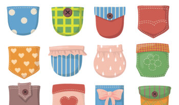 Variety of colorful patch pockets flat item set. Cartoon pockets with seams, buttons and flaps for shirt of different colors isolated vector illustration collection. Clothes and textile concept