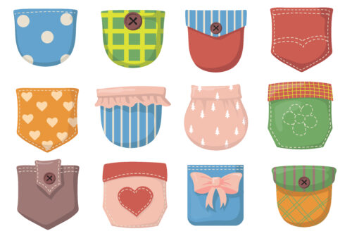 Variety of colorful patch pockets flat item set. Cartoon pockets with seams, buttons and flaps for shirt of different colors isolated vector illustration collection. Clothes and textile concept